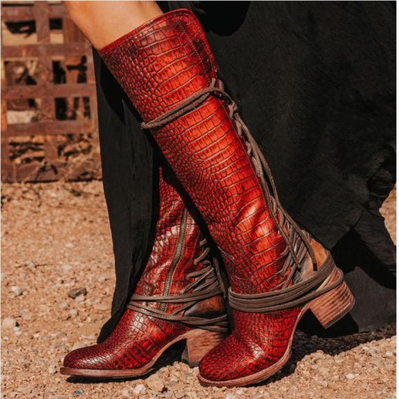 Freebird by Steven Shoes - Freebird by Steven Red Croc-Embossed Knee Boots with Wrap Laces